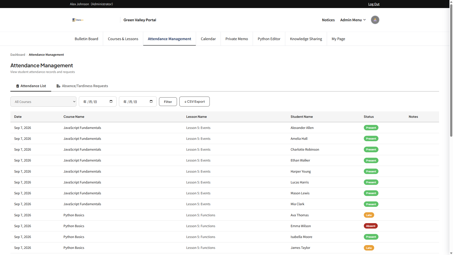 Attendance tracking screen