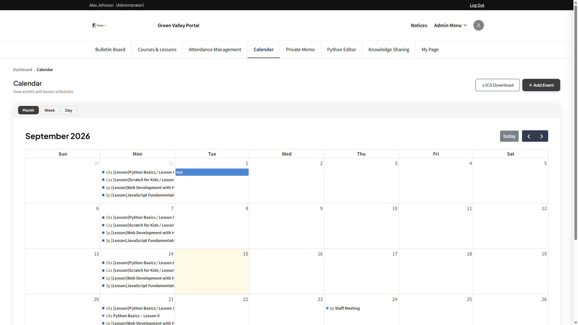 Calendar screen