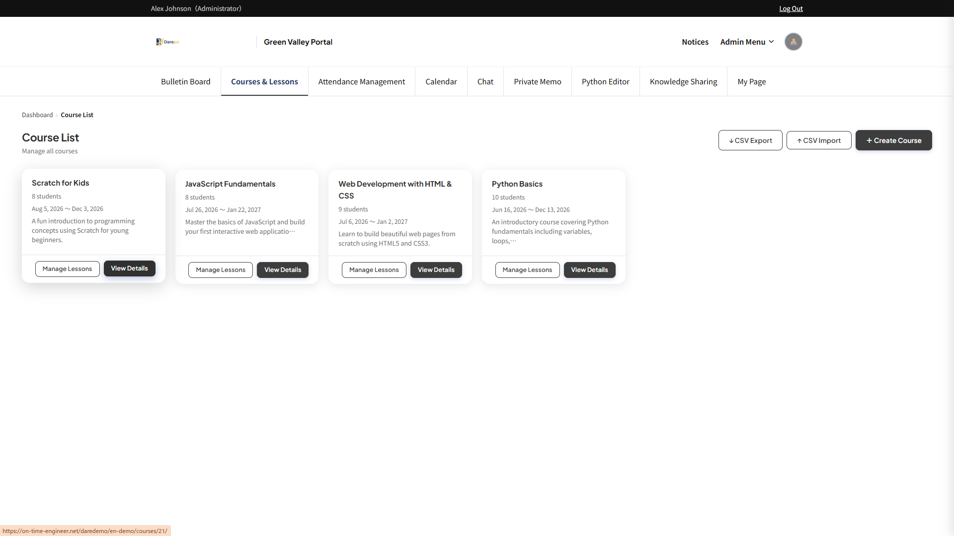 Course and class management screen