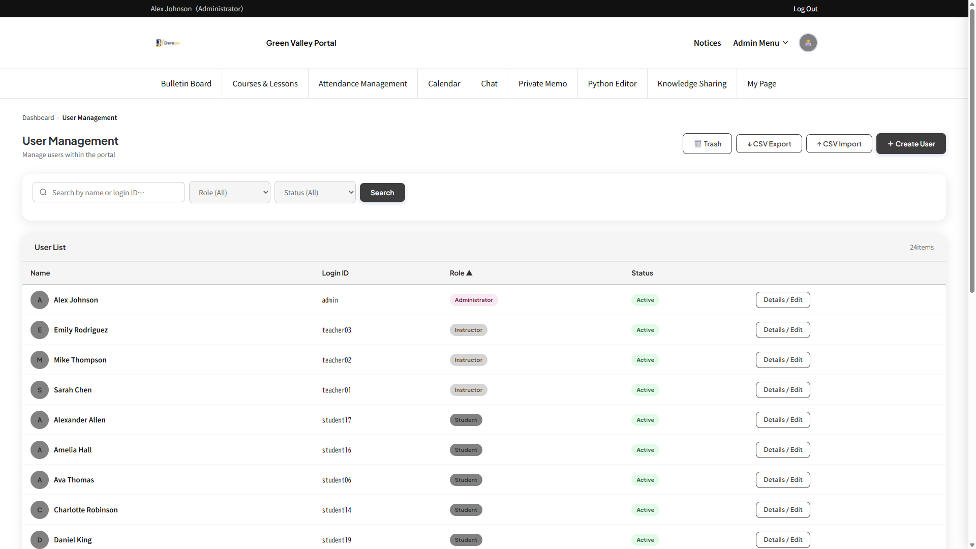 User management screen